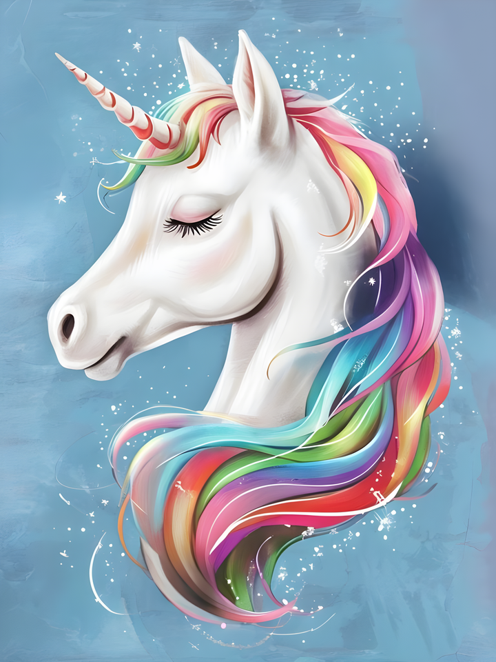 A whimsical unicorn with a white coat and closed eyes is depicted against a blue background, featuring a vibrant, flowing mane in rainbow colors and a spiraled horn.