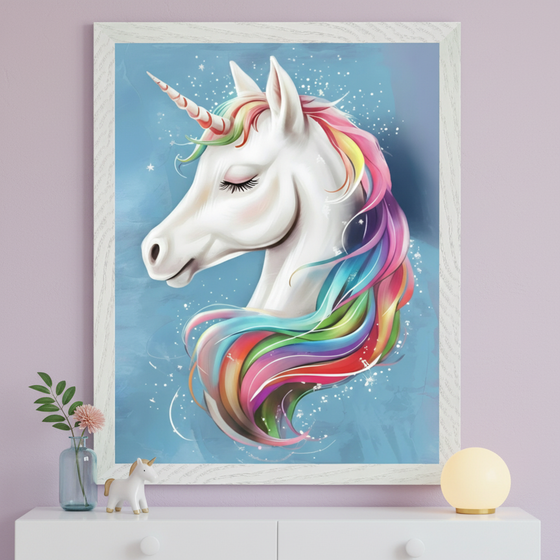 Kid's bedroom with a white dresser. A large framed illustration of a white unicorn head with a rainbow mane and closed eyes, on a blue background, hangs centered above the dresser. A small unicorn figurine, a vase with a flower, and a spherical lamp are on the dresser.
