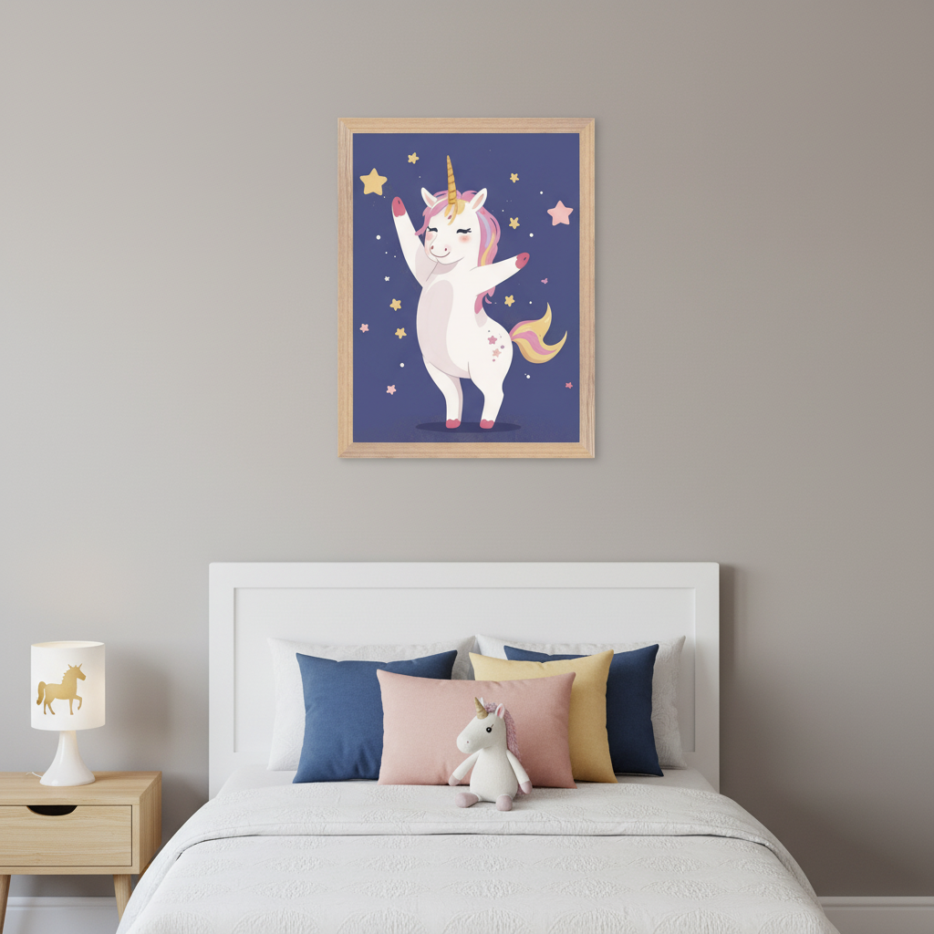 Kid's bedroom with a white bed and wooden nightstand. A light wood framed print of a dancing cartoon unicorn with stars on a blue background hangs above the bed.