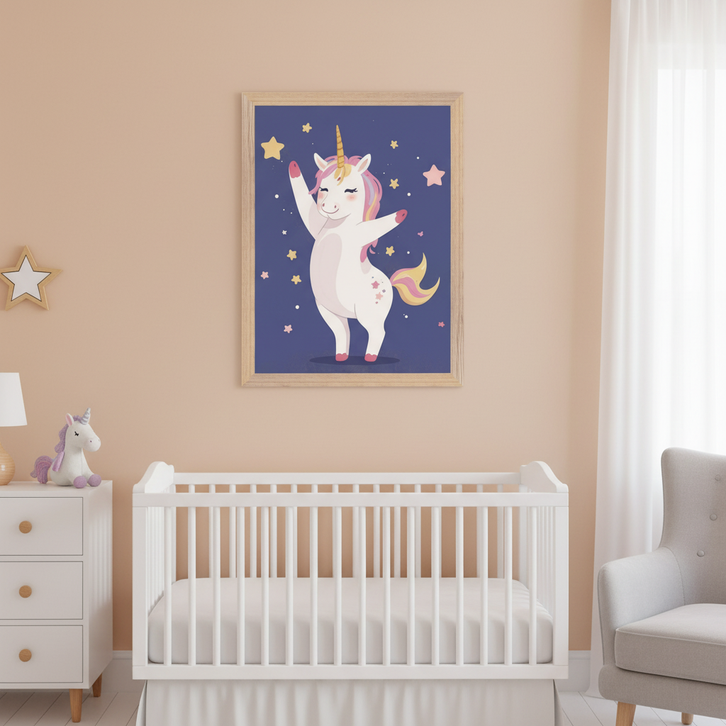 Nursery with white crib, dresser, and gray armchair. Above the crib hangs a framed cartoon print of a white unicorn with a pink mane dancing among yellow and pink stars on a dark blue background.