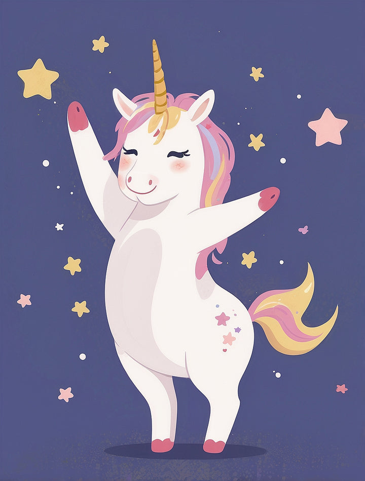 A cheerful unicorn with a golden horn and pink mane is joyfully raising its front legs against a purple background. Its tail is a blend of pink and yellow, and stars of various colors surround it, adding a whimsical touch.