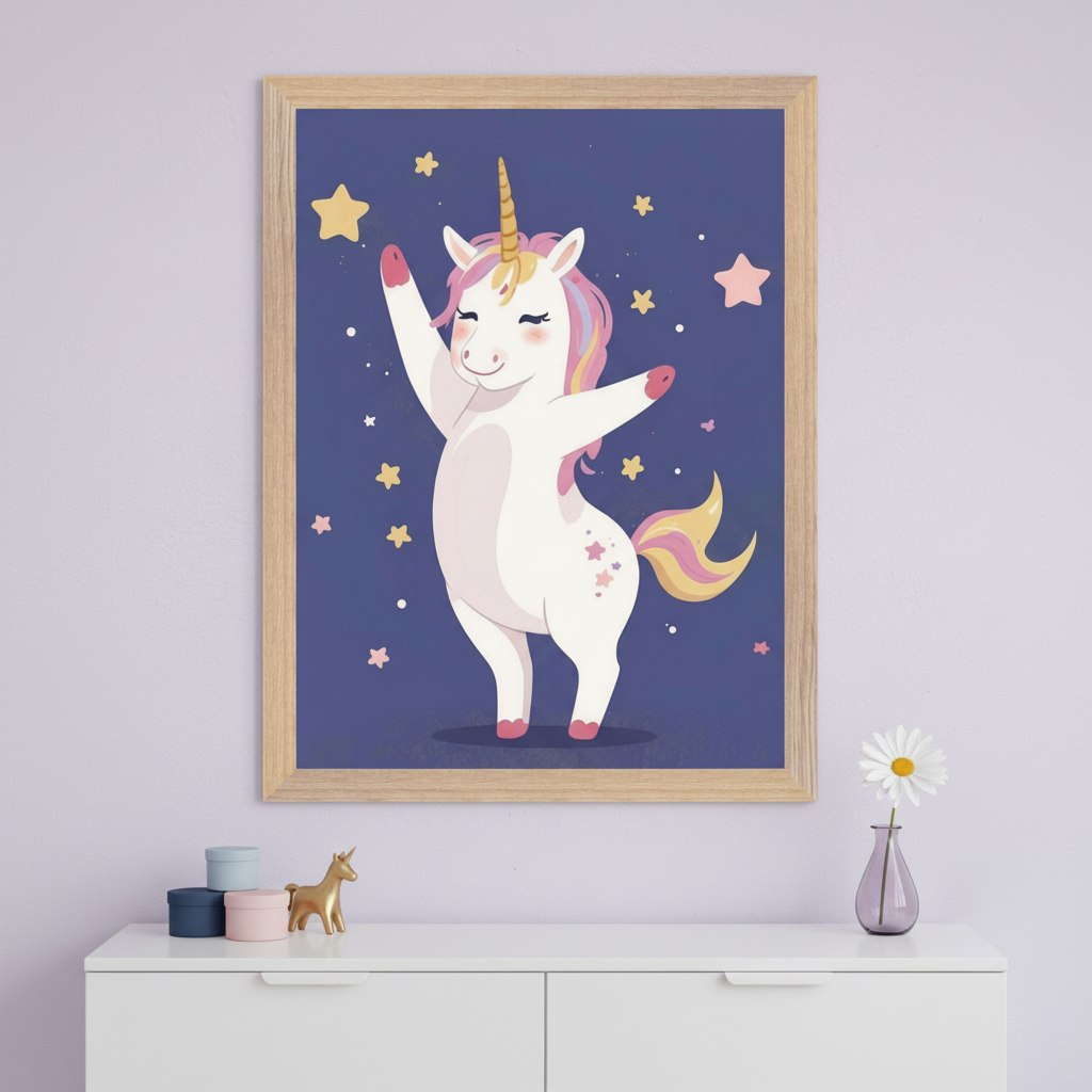 Modern kid's room with a white dresser. A light wood framed print of a dancing cartoon unicorn with a pink mane and golden horn on a starry dark blue background hangs centered above the dresser.