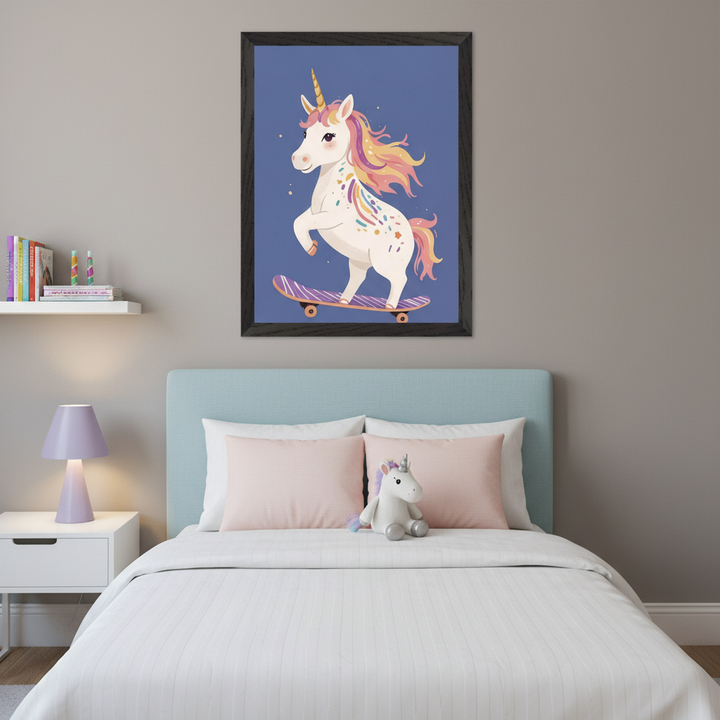 Kid's bedroom with a light blue upholstered bed and white nightstand. A large black-framed print of a white unicorn on a skateboard, featuring a rainbow mane and sprinkles, hangs centered above the bed against a blue background.