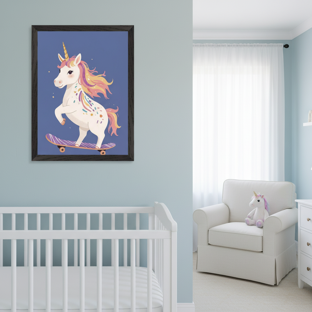 Light blue nursery with a white crib and armchair. A framed print of a white unicorn with a colorful mane and sprinkles on a purple skateboard hangs above the crib. A stuffed unicorn is on the armchair.