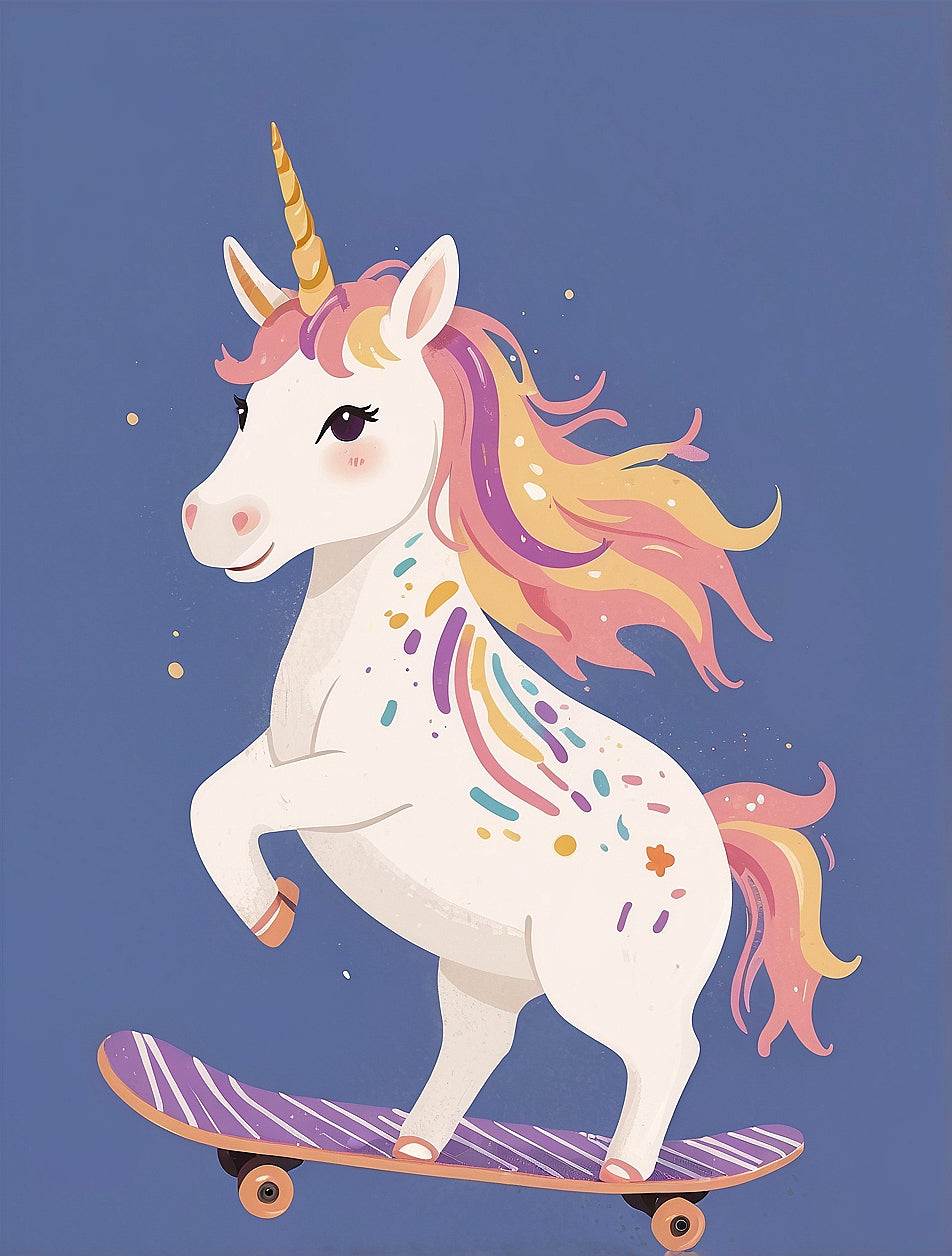 A whimsical unicorn with a colorful mane and tail rides a purple skateboard against a blue background, exuding playful charm with its vibrant design and lively expression.