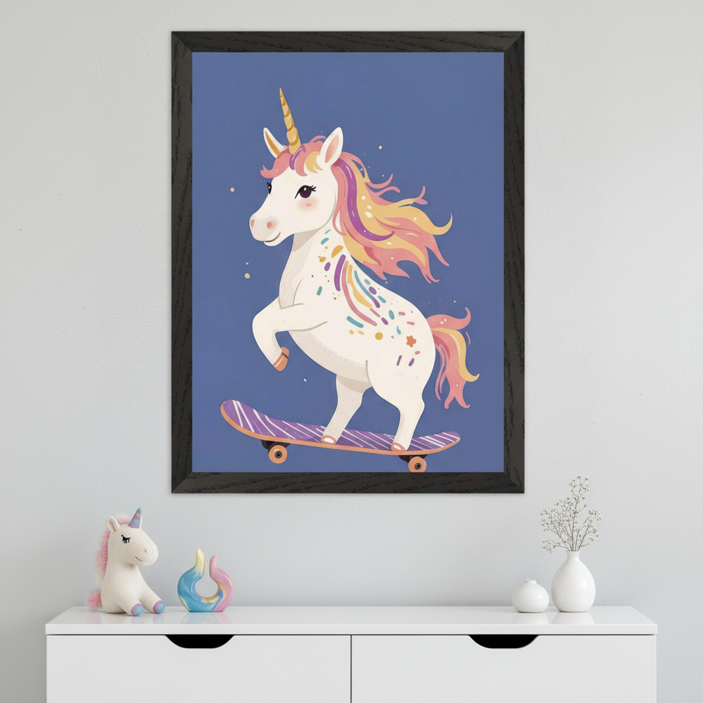 Modern kid's room with a white dresser. Above it hangs a large black-framed print of a cartoon unicorn with a colorful mane and sprinkles, balancing on a purple skateboard against a blue background. On the dresser are a plush unicorn, a ceramic sculpture, and two white vases.