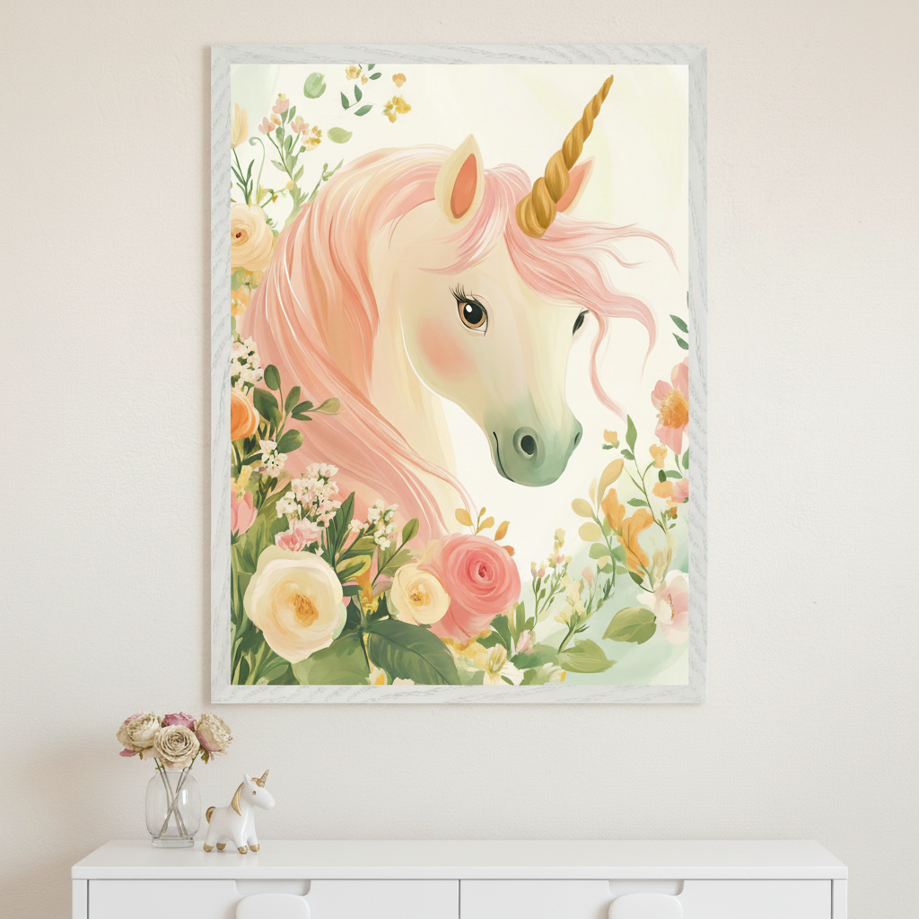 A person in a beige sweater holds up a framed illustration of a unicorn with a golden horn, soft pink mane, and gentle expression, surrounded by pastel-colored flowers including roses and greenery. The whimsical artwork has a dreamy, fairytale-like style, and the person’s face is hidden behind the frame.