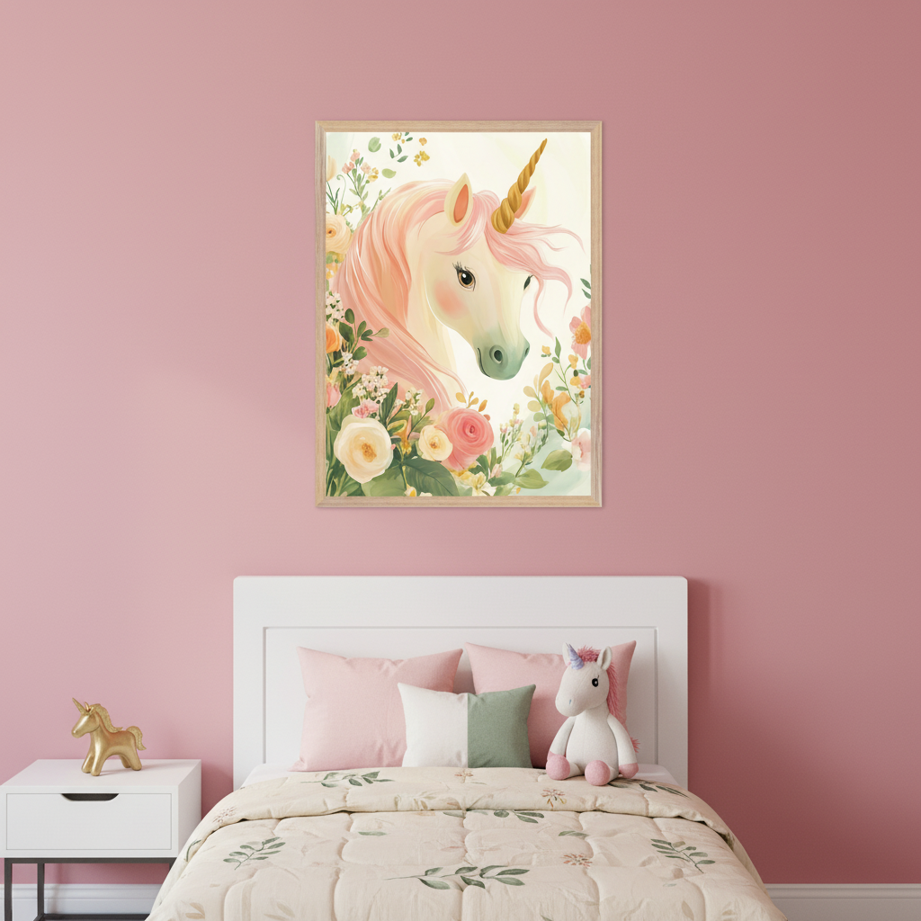 Kid's bedroom with a pink wall, white bed, and nightstand. A framed watercolor of a pink-maned unicorn surrounded by flowers hangs centered above the bed. A gold unicorn statue is on the nightstand.
