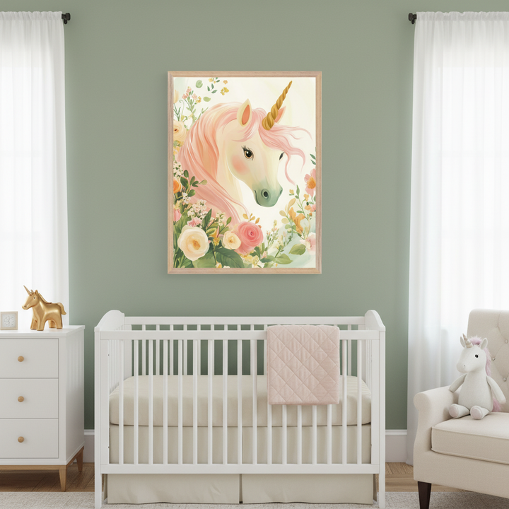 Sage green nursery with a white crib, dresser, and armchair. Above the crib hangs a framed watercolor illustration of a pink-maned unicorn with a gold horn, surrounded by pastel flowers.