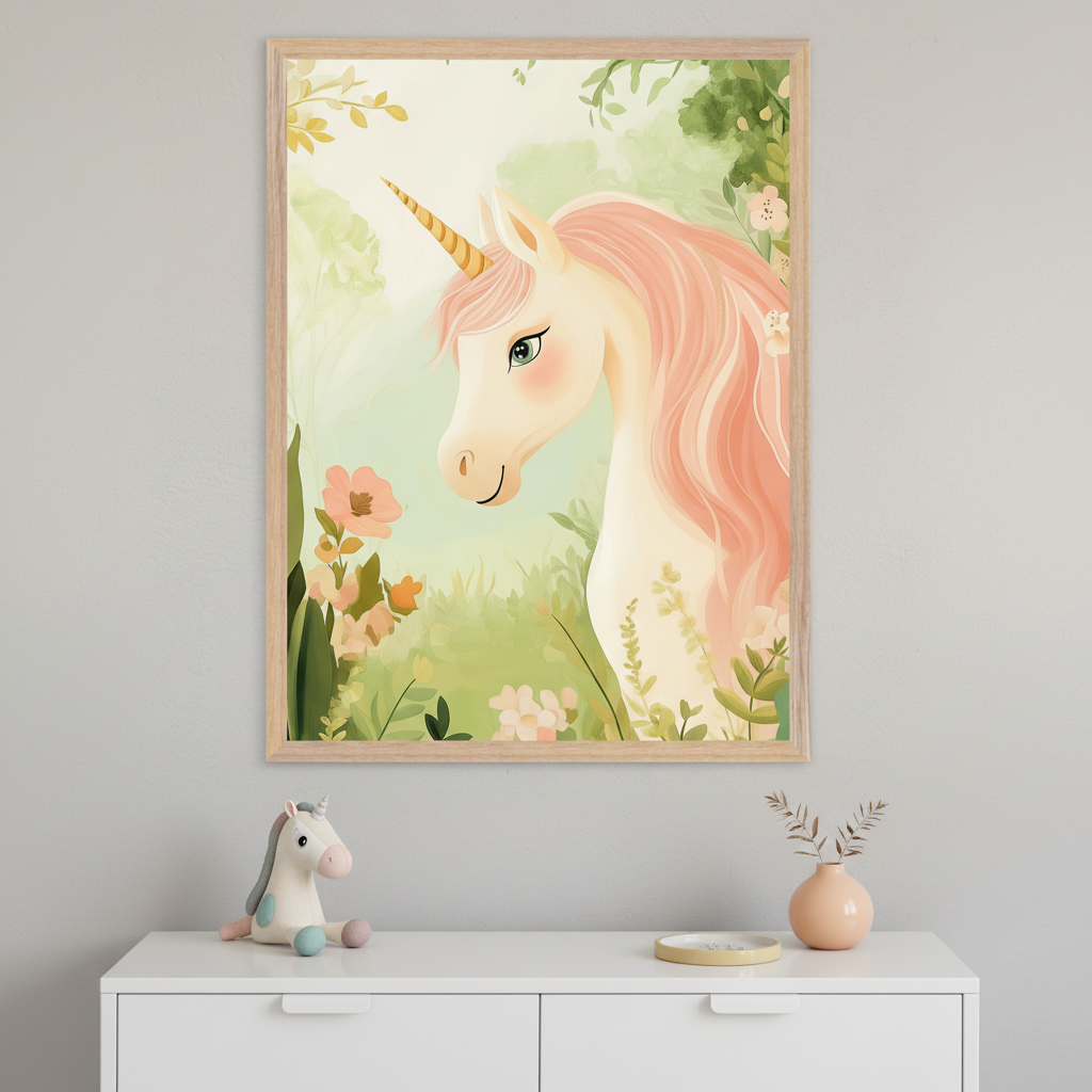 Framed illustration of a gentle unicorn with a golden horn and long pink mane, gazing softly to the side amid a background of greenery and delicate flowers. The print leans against a wooden crib in a nursery, adding a dreamy and magical touch to the decor.