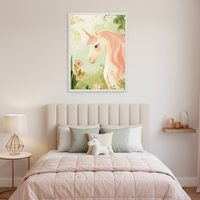 Modern kid's bedroom with a large framed illustration of a pink-maned unicorn in a pastel garden, centered above a bed with a cream padded headboard.