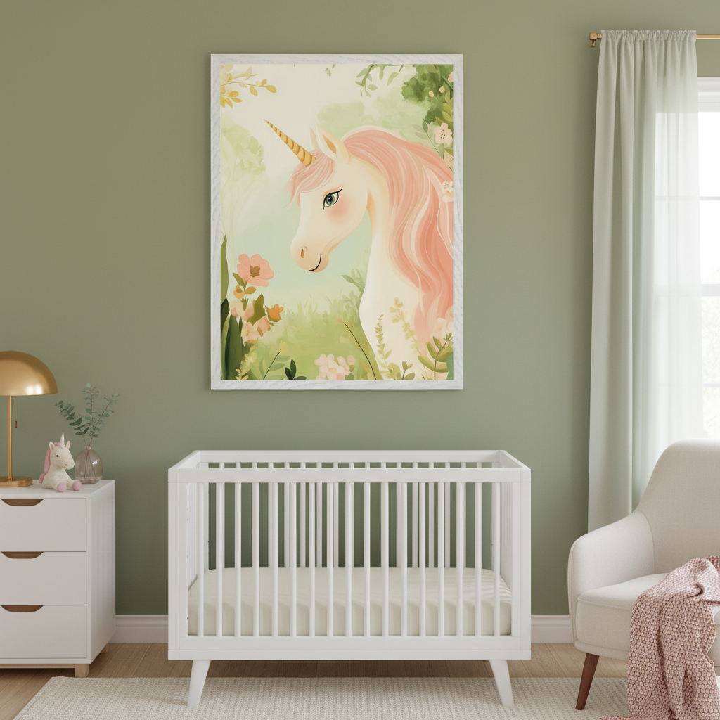 Modern nursery with a sage green wall. A large framed print of a whimsical pink-maned unicorn in an illustrative style, set in a garden, hangs centered above a white crib. A white dresser and a cream armchair are also visible.
