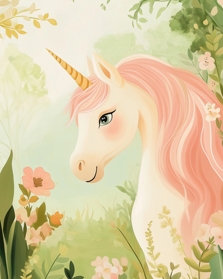 A whimsical unicorn with a golden horn and flowing pink mane stands amidst a lush garden, surrounded by colorful flowers and green foliage.