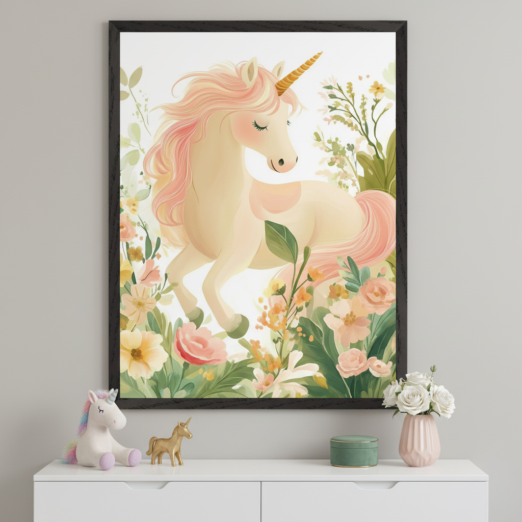 Framed illustration of a pastel unicorn with a golden horn and flowing pink mane, surrounded by blooming flowers and greenery. The artwork is propped against a wooden crib in a softly lit nursery, adding a whimsical and gentle touch to the room.