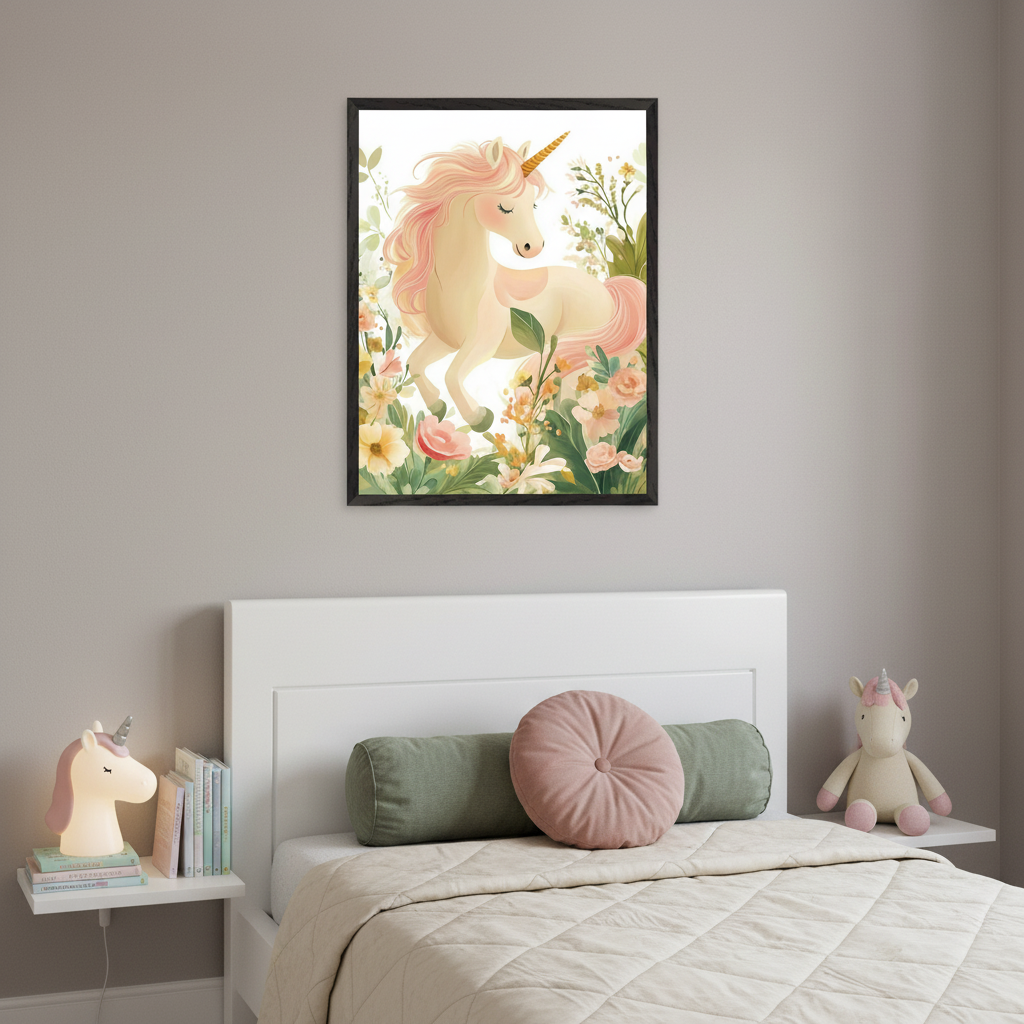 Kid's bedroom with a white bed and headboard. A large framed illustration of a pink and cream unicorn in a floral garden hangs centered above the bed. A glowing unicorn lamp and books are on a nightstand to the left, and a plush unicorn toy is on a shelf to the right.