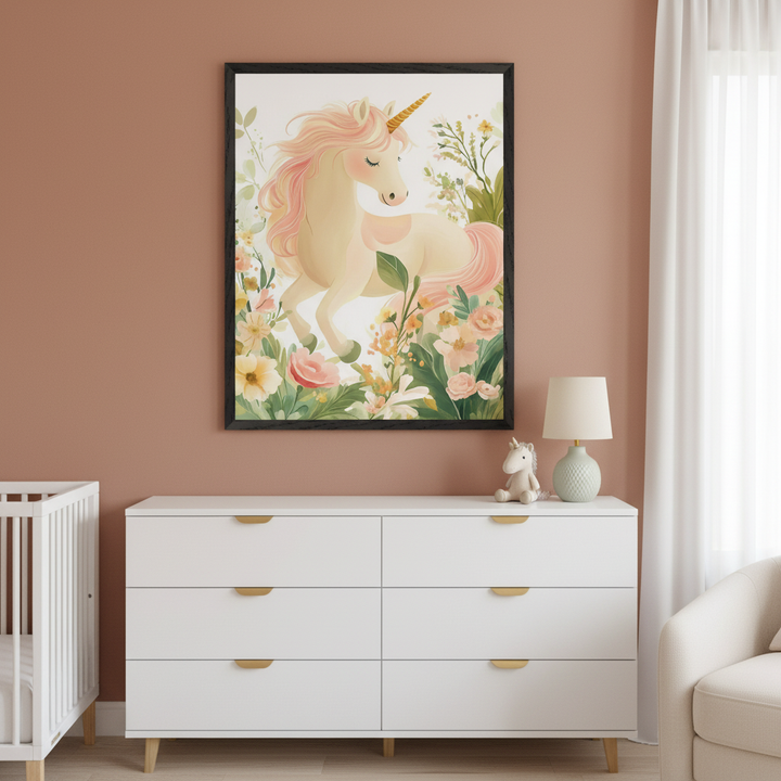 Modern nursery with white crib, six-drawer dresser, and armchair. A large framed print of a gentle unicorn with pink mane among pastel flowers hangs above the dresser, which holds a lamp and unicorn plush.