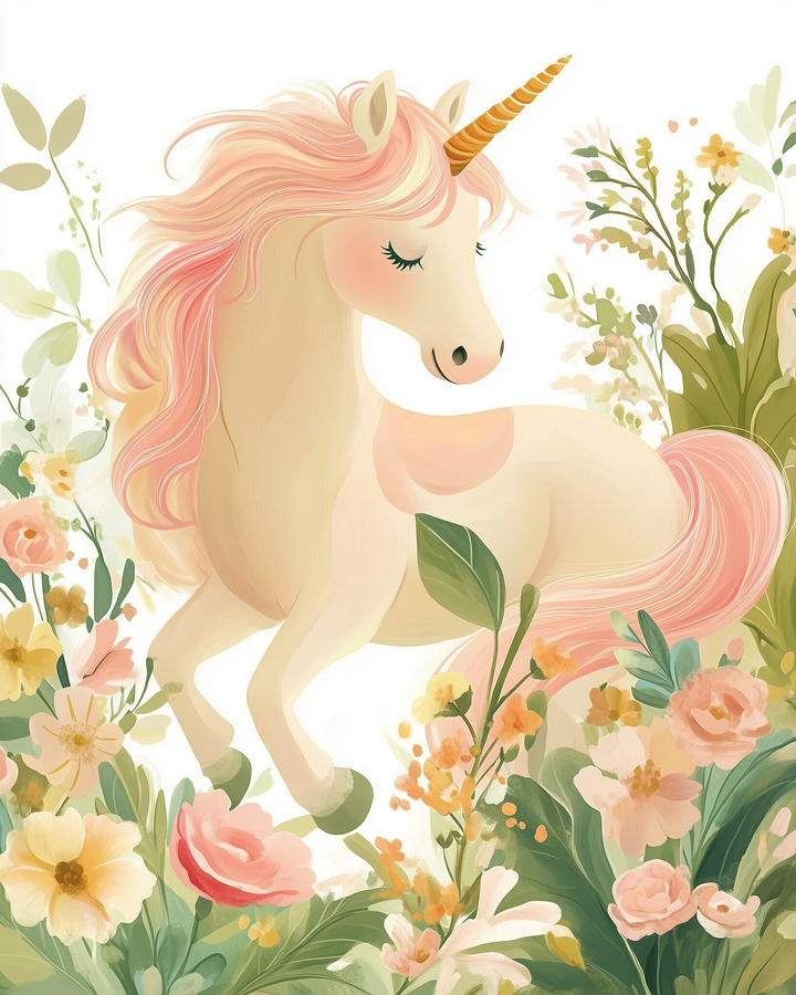 A whimsical illustration of a unicorn with a golden horn and flowing pink mane, gracefully posed amidst a vibrant array of pastel-colored flowers and lush greenery.