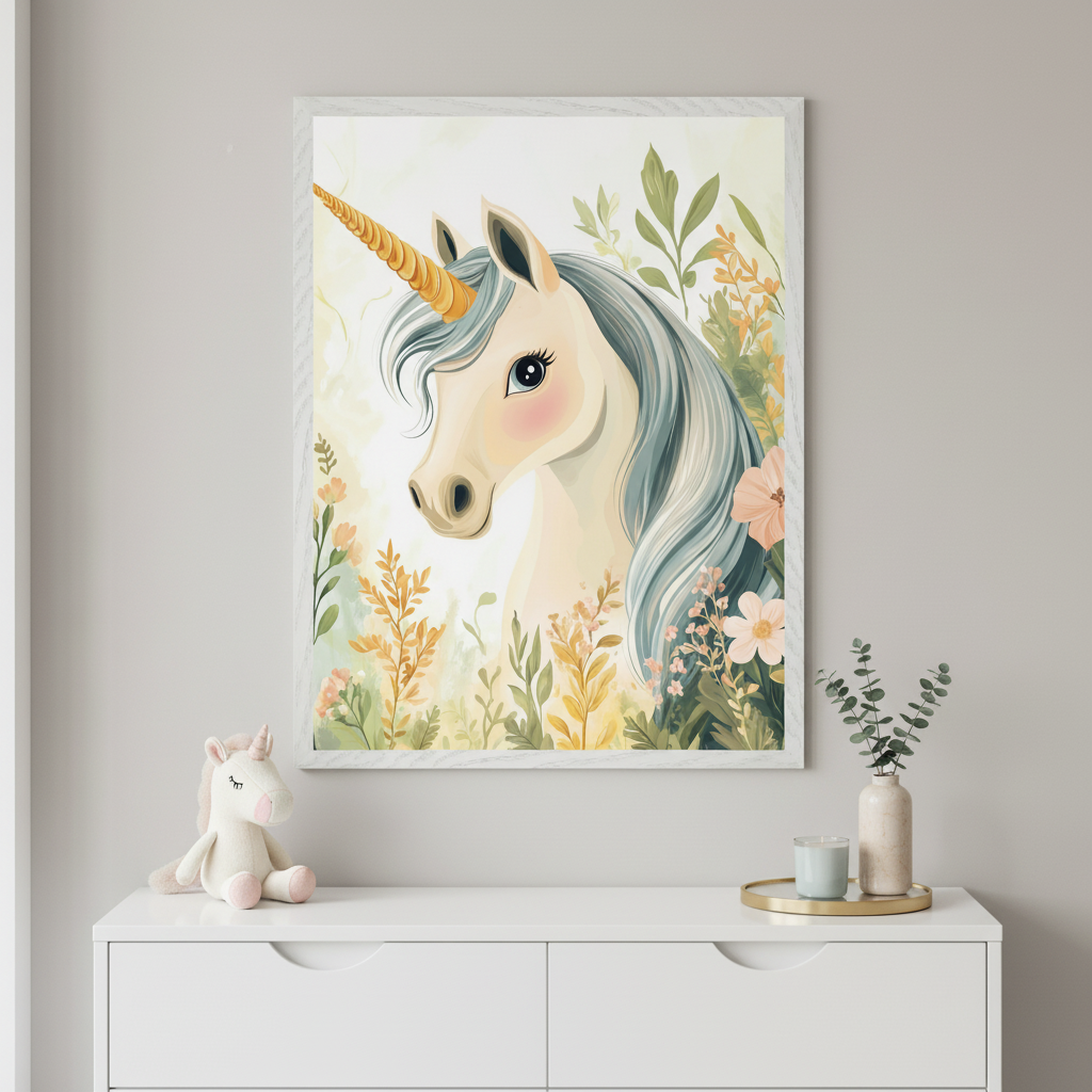 Whimsical unicorn with a golden horn and flowing silver-blue mane stands surrounded by soft pastel leaves and flowers. The artwork is displayed in a black frame on a tabletop next to wrapped gifts and decorative tape.