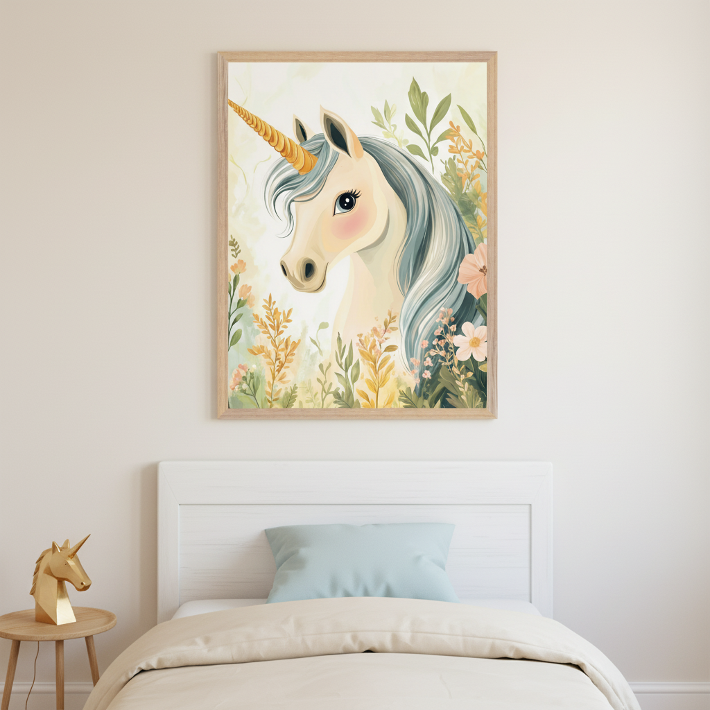 Kid's bedroom with a white bed and small wooden side table. Above the bed hangs a framed watercolor-style print of a unicorn in a field of flowers. A golden unicorn statue is on the side table.