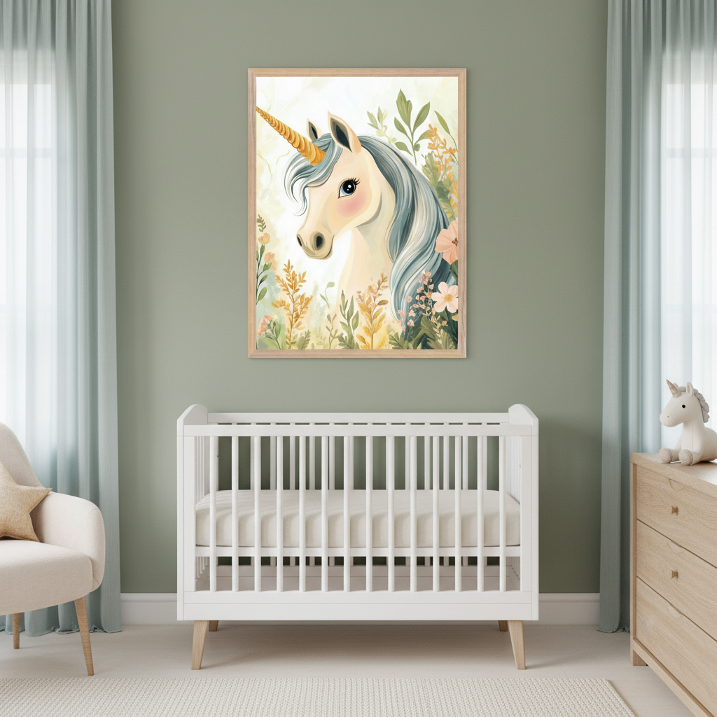 Modern nursery with sage green walls. A white crib is centered under a framed watercolor-style print of a unicorn with a blue mane and gold horn, surrounded by flowers. A beige armchair is on the left, and a wooden dresser with a white unicorn plush is on the right.