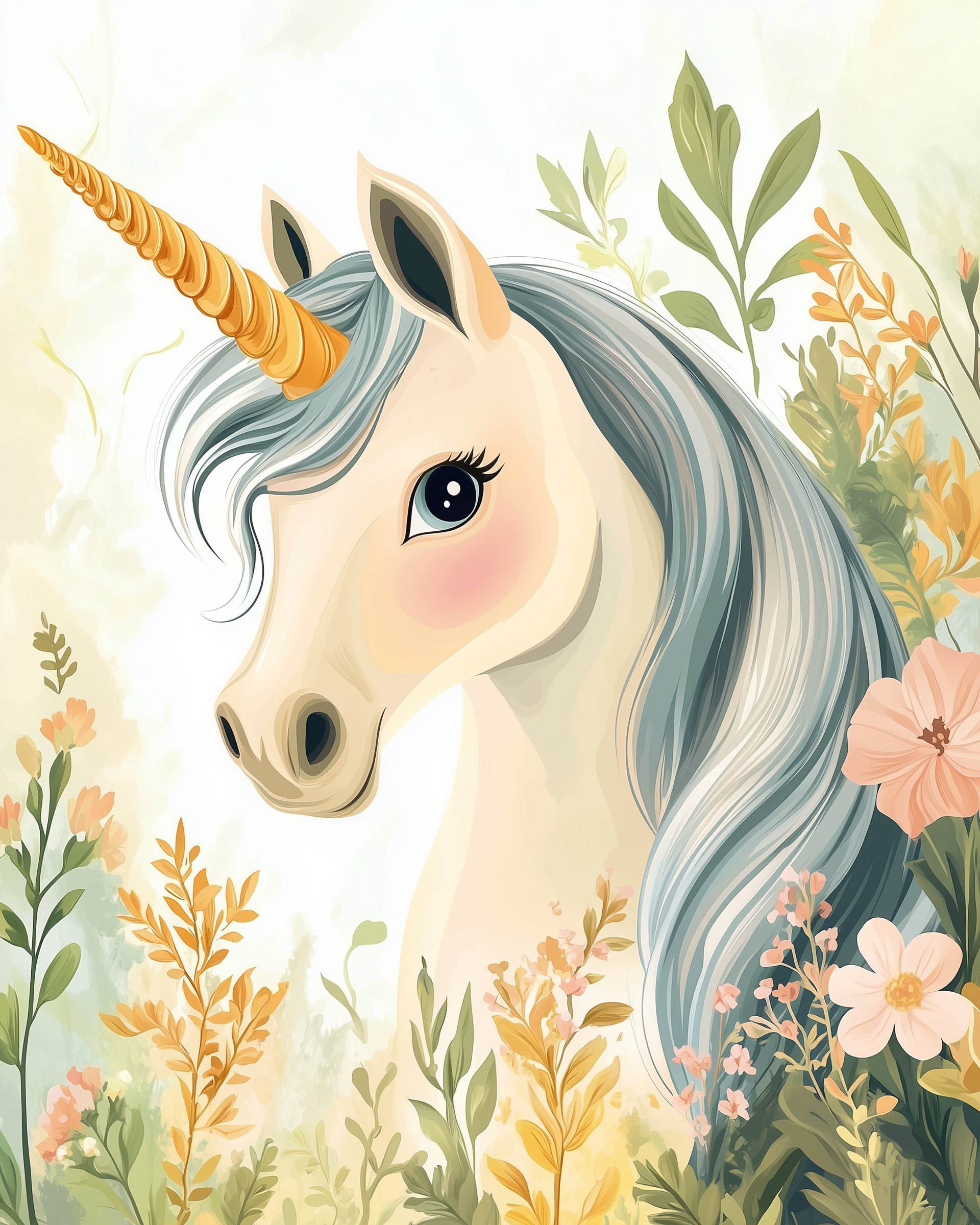 A whimsical unicorn with a golden horn and flowing silver mane is surrounded by colorful flowers and lush greenery, creating a magical and serene atmosphere.