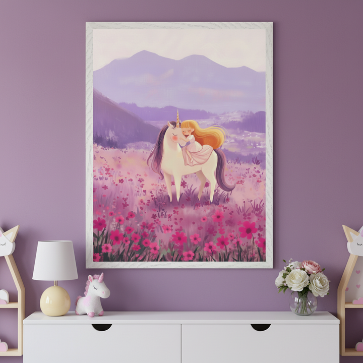 An illustration of a smiling young girl in a pink dress hugging a white unicorn with a pastel mane, standing in a field of bright pink flowers against a mountain backdrop. The art hangs on a lavender wall above a white dresser with a plush unicorn, lamp, and vase of flowers.