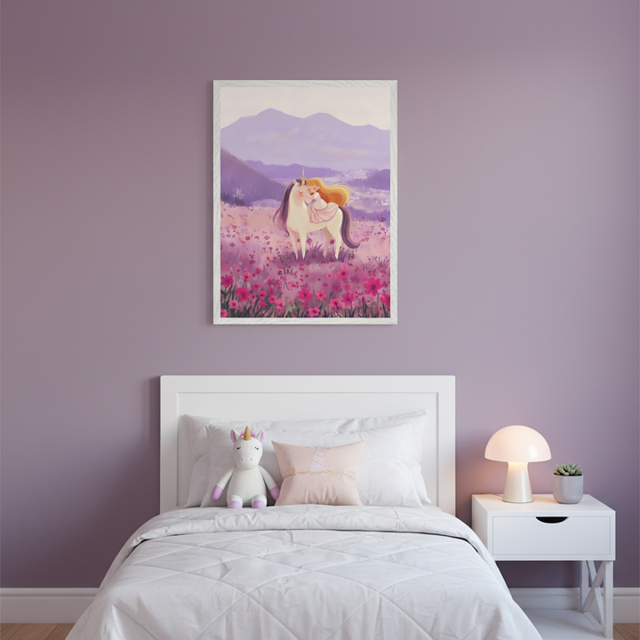 Dreamy unicorn artwork showing a blonde girl embracing a white unicorn in a blooming purple and pink flower field, with rolling mountains in the distance. The framed piece is centered above a white bed with soft bedding and a unicorn toy pillow.