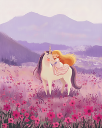 A young girl with flowing blonde hair in a pink dress hugs a unicorn with a golden horn in a vibrant field of pink flowers, set against a backdrop of soft purple mountains under a pastel sky.