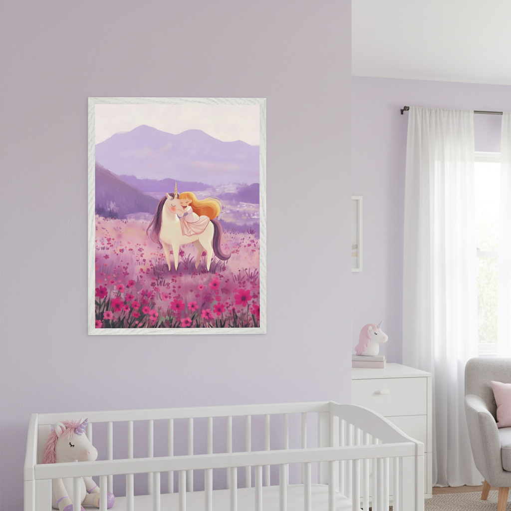 Whimsical painting of a girl and unicorn in a magical meadow filled with pink flowers, framed and displayed above a white crib in a softly lit nursery. The room features pale purple walls, unicorn plush toys, and sheer white curtains by the window.