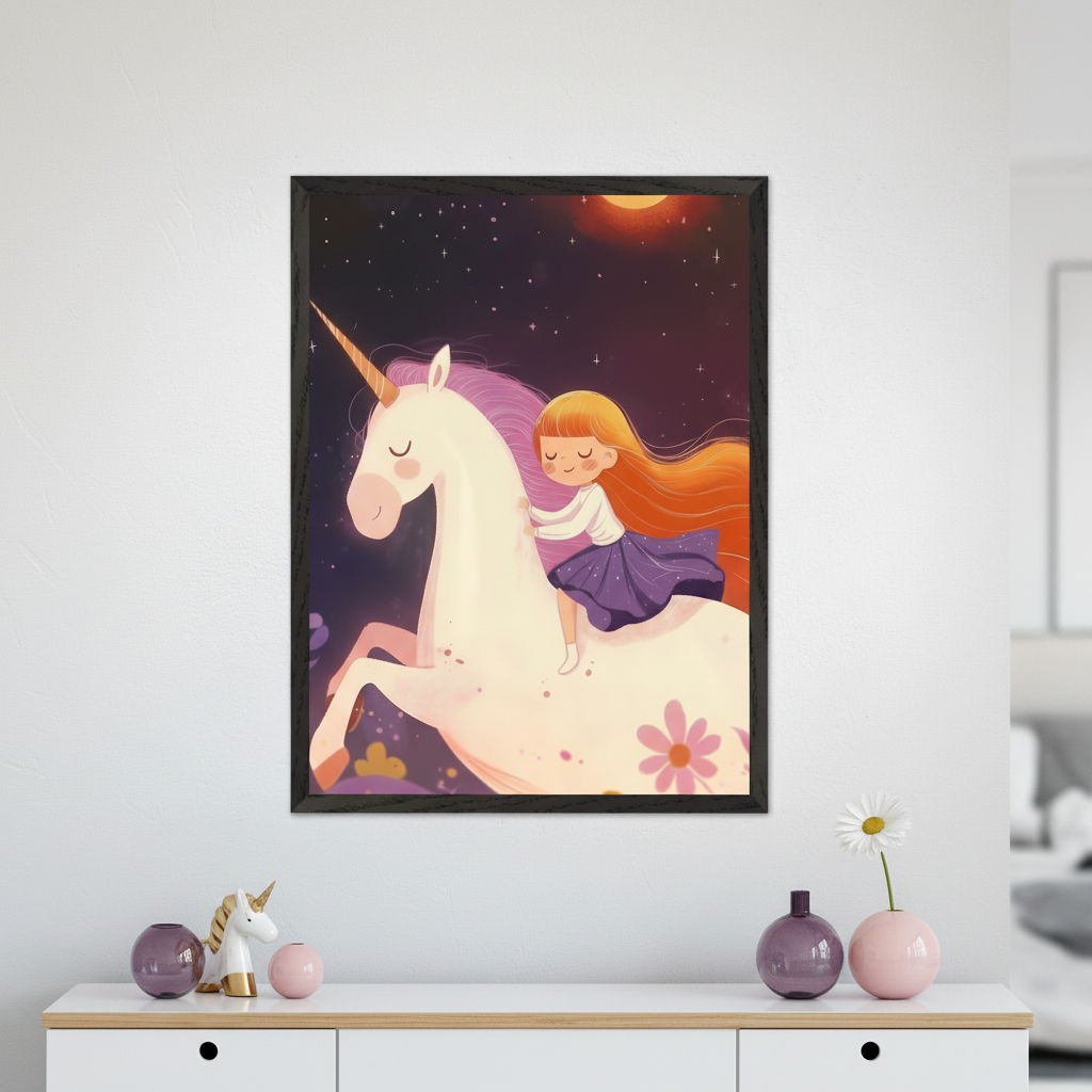 Framed illustration of a red-haired girl in a purple skirt riding a white unicorn with a pink mane under a starry night sky, hanging above a white dresser decorated with pastel vases, a daisy, and a small unicorn figurine.