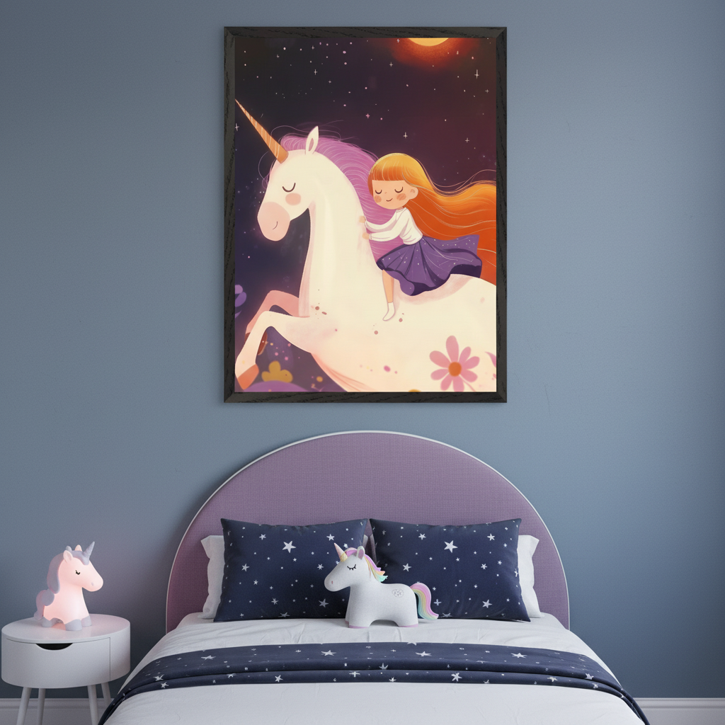 A unicorn artwork featuring a girl with flowing red hair riding a white unicorn against a cosmic sky, displayed above a child's bed with starry navy bedding and plush unicorn toys.