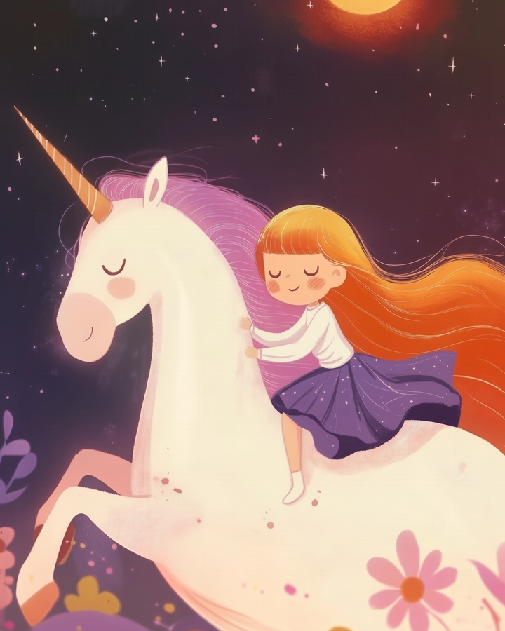 A dreamy illustration of a young girl with flowing red hair riding a white unicorn with a purple mane and golden horn. The girl wears a purple skirt and white top, smiling with her eyes closed. They are surrounded by a starry night sky and colorful flowers, creating a magical atmosphere.