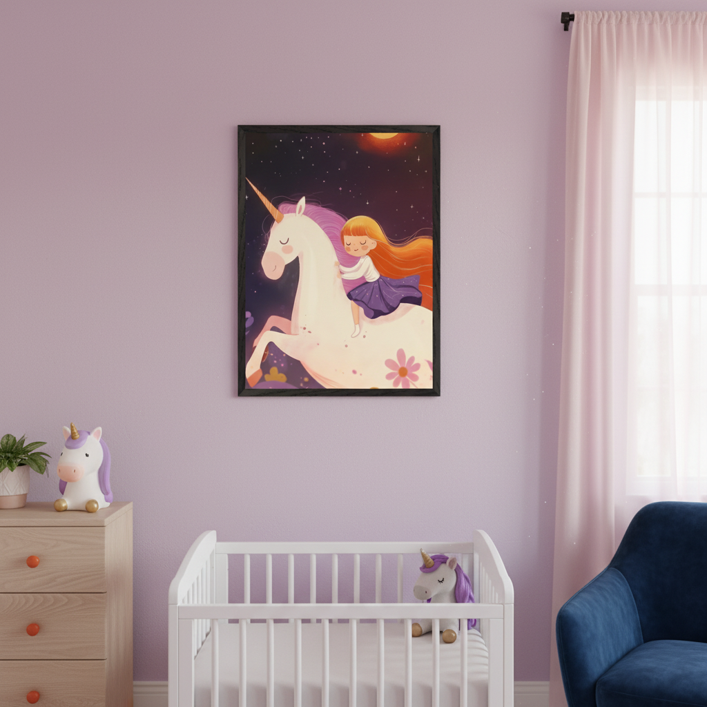 Nursery wall decorated with a framed picture of a girl riding a unicorn under a star-filled sky, with soft pink and purple tones that match the crib, curtains, and unicorn-themed plush toys.