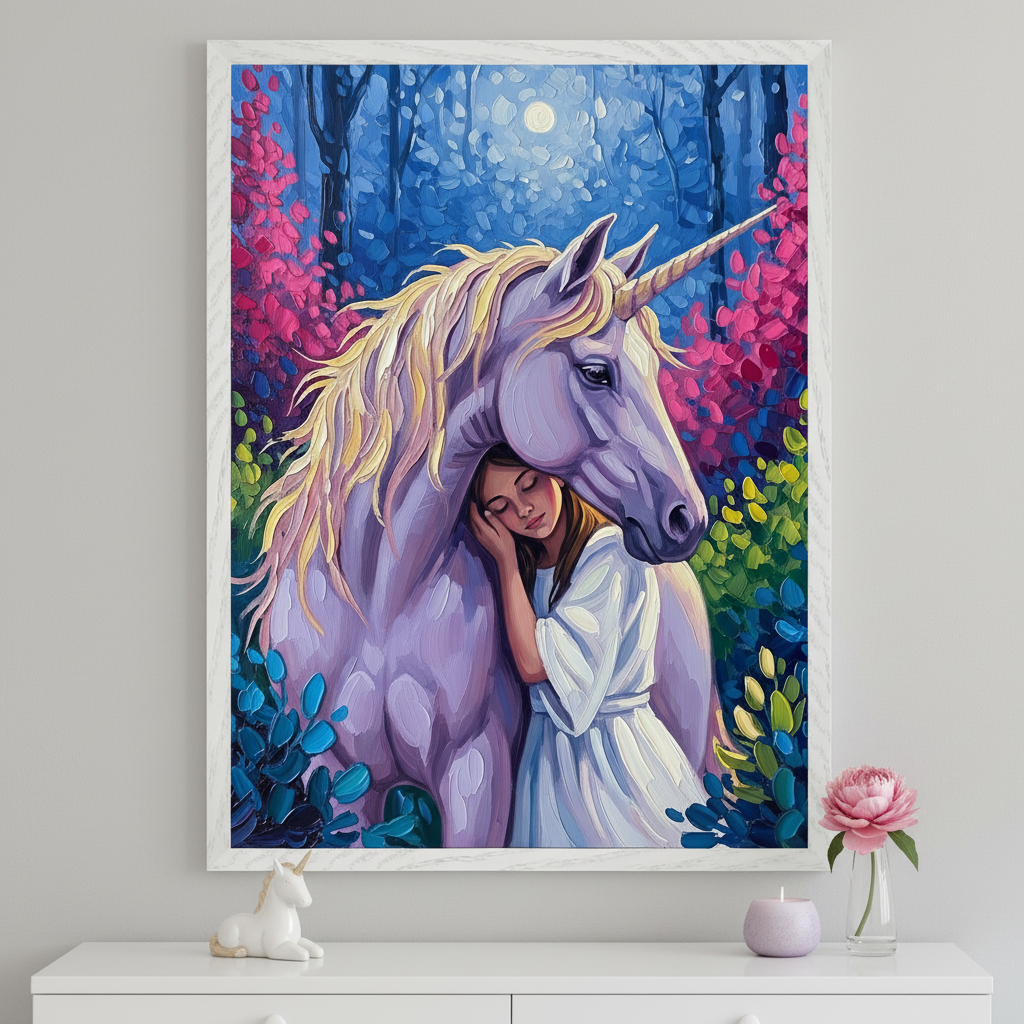 Framed fantasy painting shows a girl in a white dress resting her head tenderly against a large lavender unicorn with a golden mane. The dreamy background features a glowing moon above a vibrant, enchanted forest filled with colorful trees in shades of blue, pink, and green.