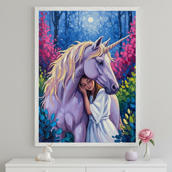 Framed fantasy painting shows a girl in a white dress resting her head tenderly against a large lavender unicorn with a golden mane. The dreamy background features a glowing moon above a vibrant, enchanted forest filled with colorful trees in shades of blue, pink, and green.