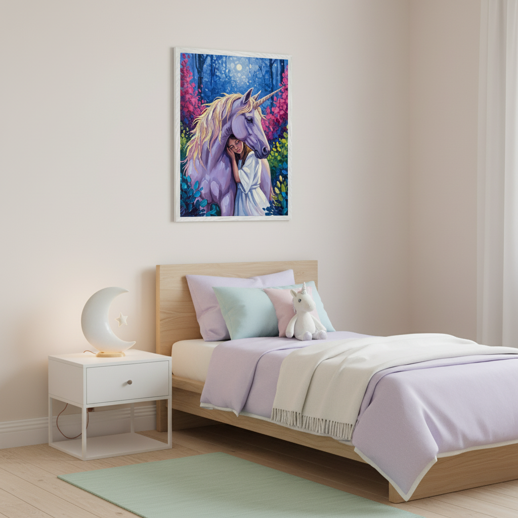 Cozy nursery features a white crib with a small unicorn plush toy inside, set against a soft green wall. Above the crib hangs a colorful fantasy painting of a girl leaning gently against a unicorn in an enchanted forest, adding a dreamy and magical feel to the space.