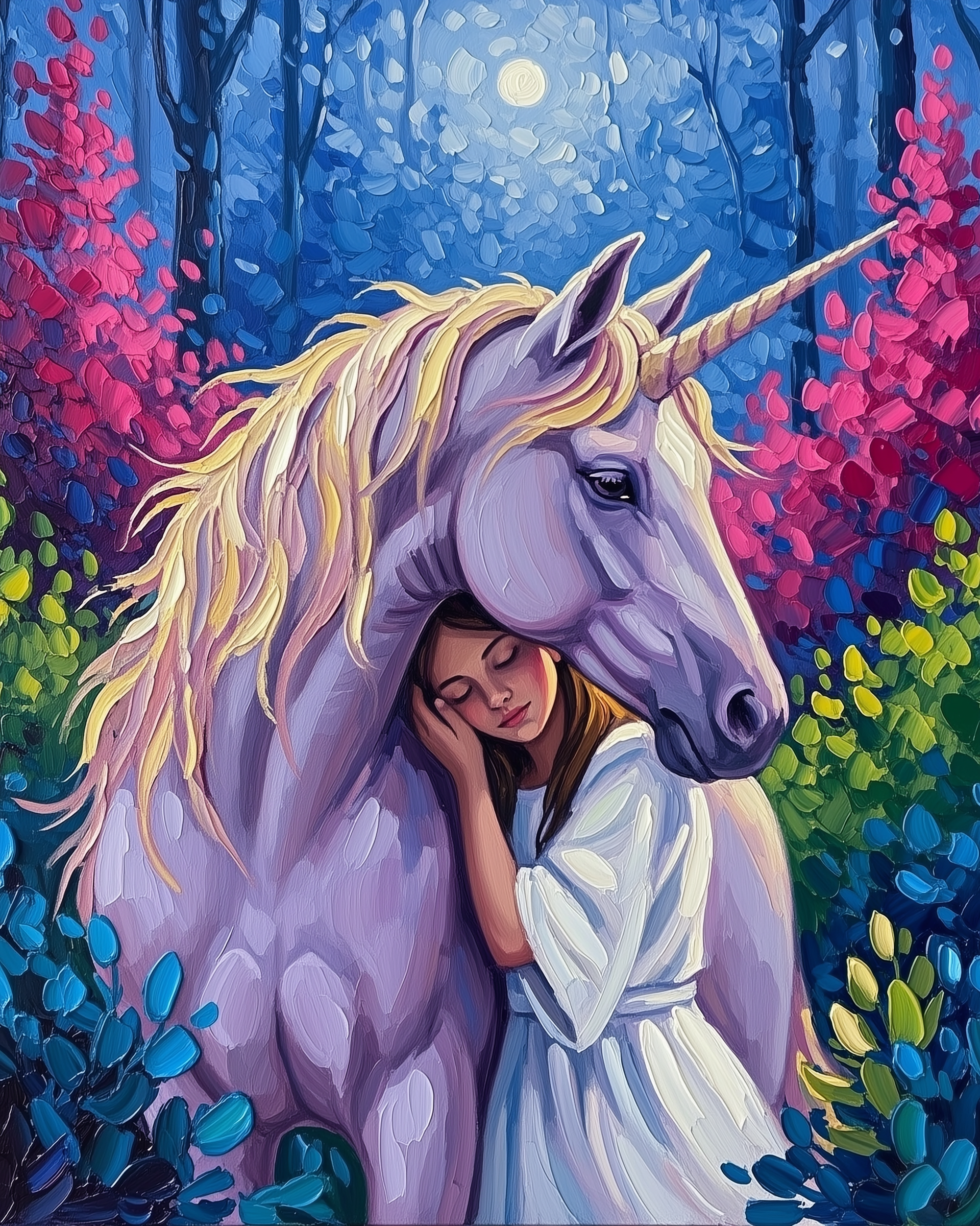 A serene painting depicts a girl in a white dress resting her head against a unicorn with a flowing mane in a vibrant, colorful forest. The background features lush foliage in shades of blue, pink, and green, with a glowing full moon illuminating the scene.