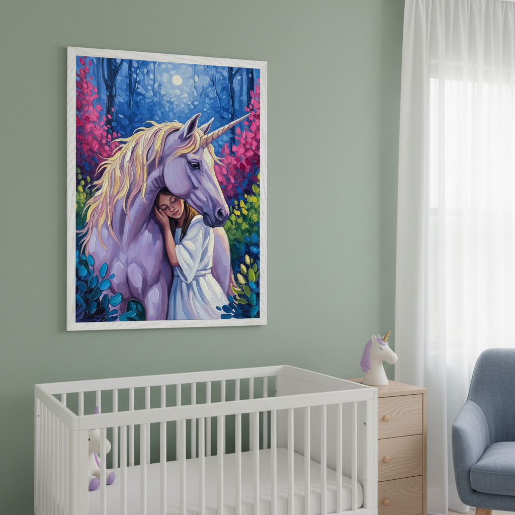 Pastel-toned bedroom features a twin bed with lavender bedding, a mint green pillow, and a unicorn plush toy. Above the bed hangs a vibrant painting of a girl resting her head against a unicorn in a magical forest, adding a dreamy, whimsical touch to the serene space.