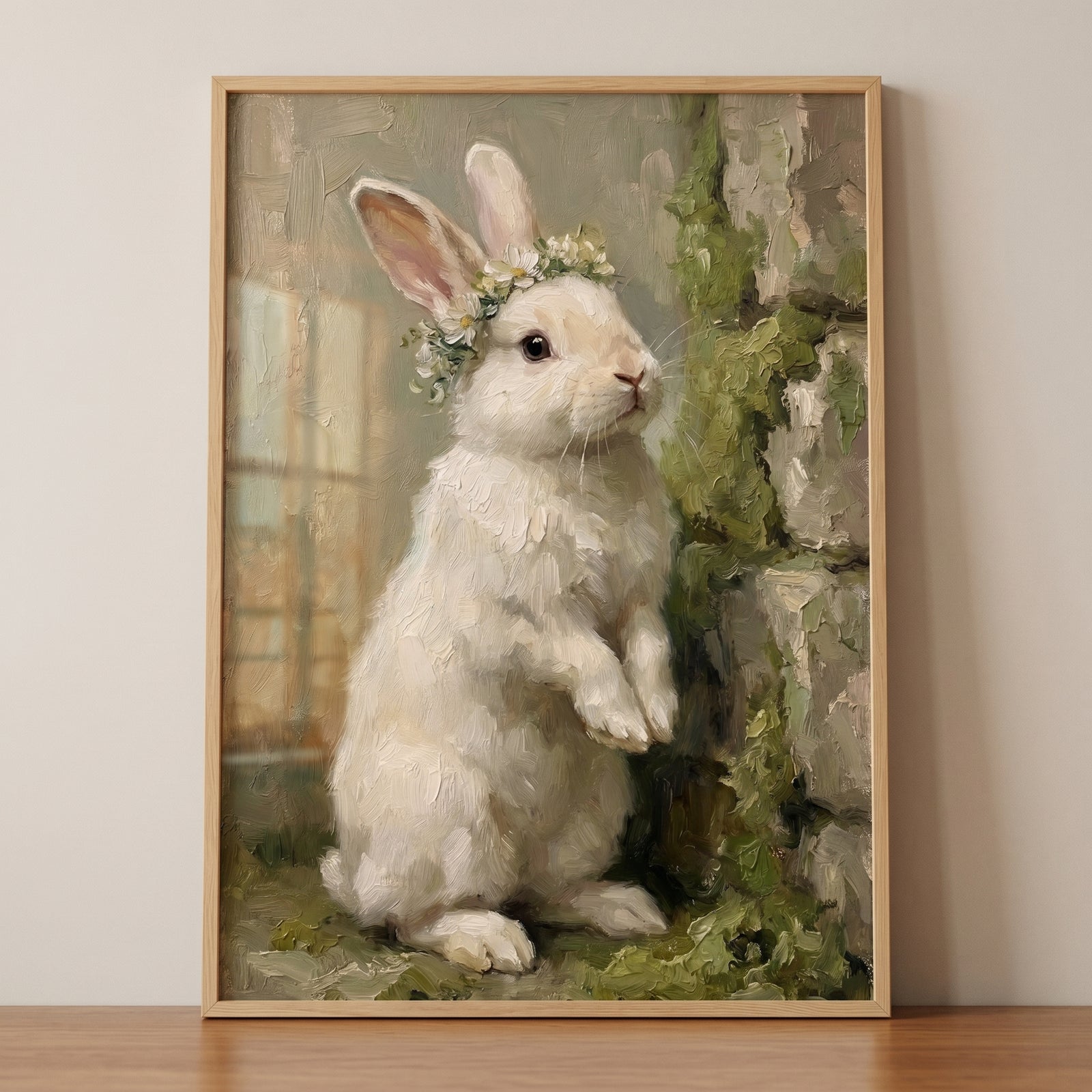 Textured upright floral white bunny wall art shows a rabbit in a flower crown by a mossy stone wall in a wooden frame.