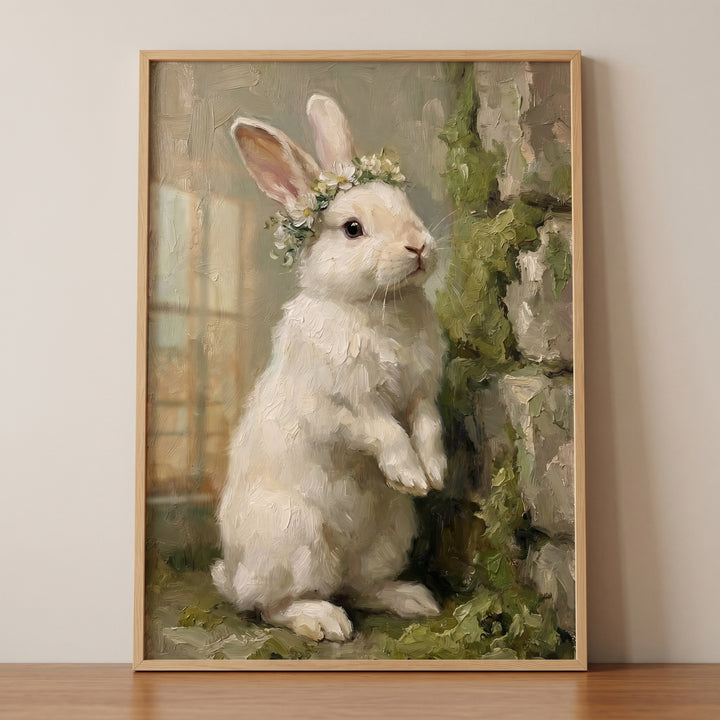 Textured upright floral white bunny wall art shows a rabbit in a flower crown by a mossy stone wall in a wooden frame.