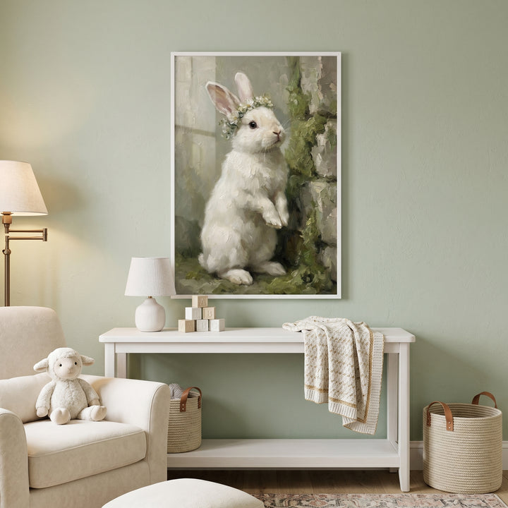 Upright floral white bunny wall art hangs above a console table in a sage green nursery with a plush lamb toy.