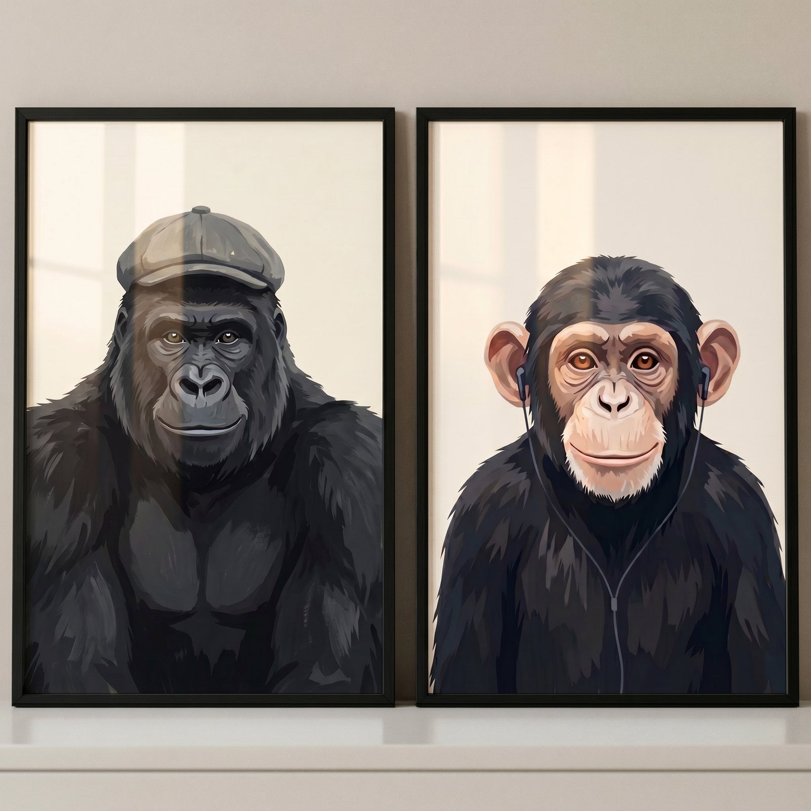 Urban accessorized primate wall art set of 2 with a gorilla wearing a flat cap and a chimpanzee with wired earbuds.