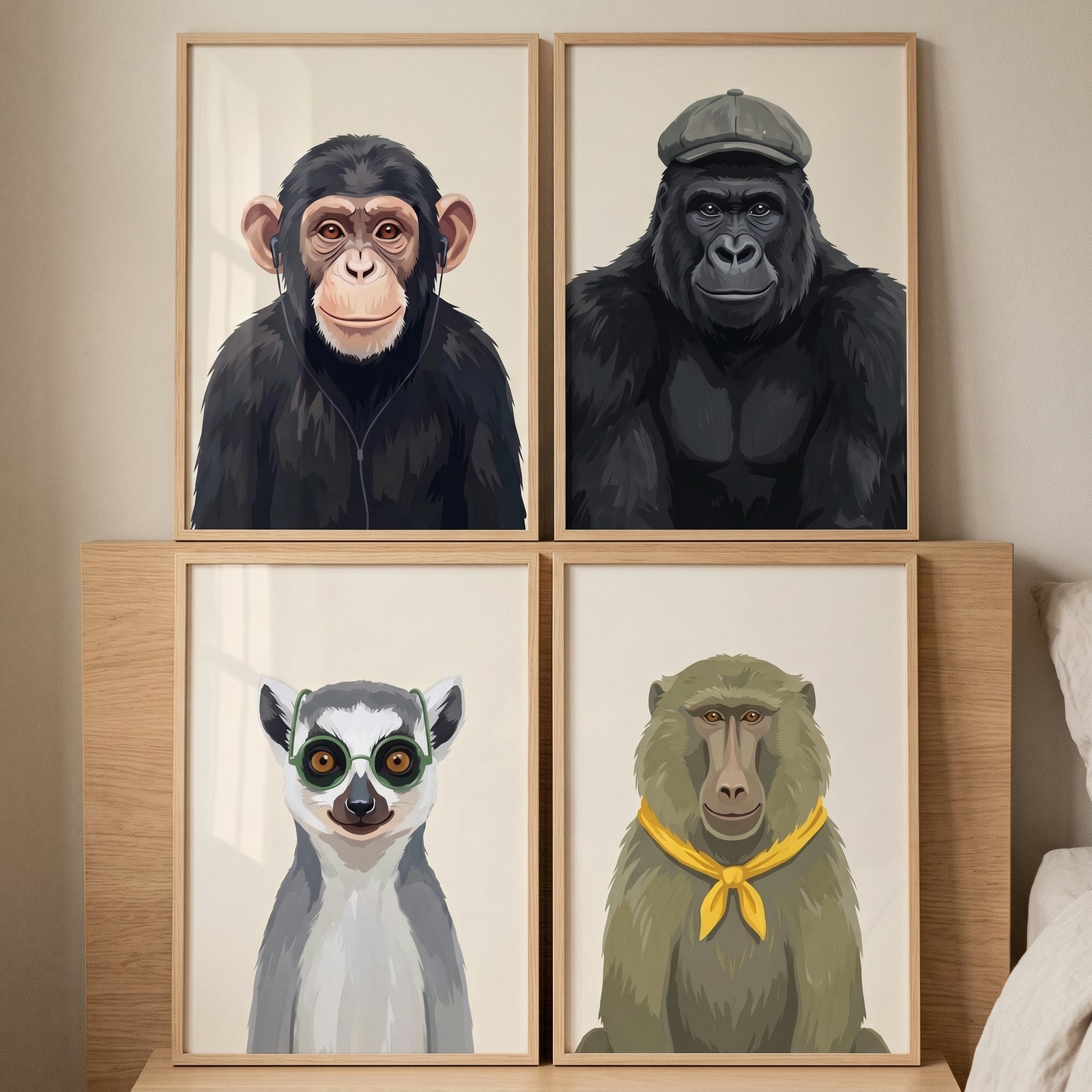 Urban dressed up primate print set of 4: chimpanzee, gorilla, lemur, and baboon in headphones, a cap, glasses, and a scarf.