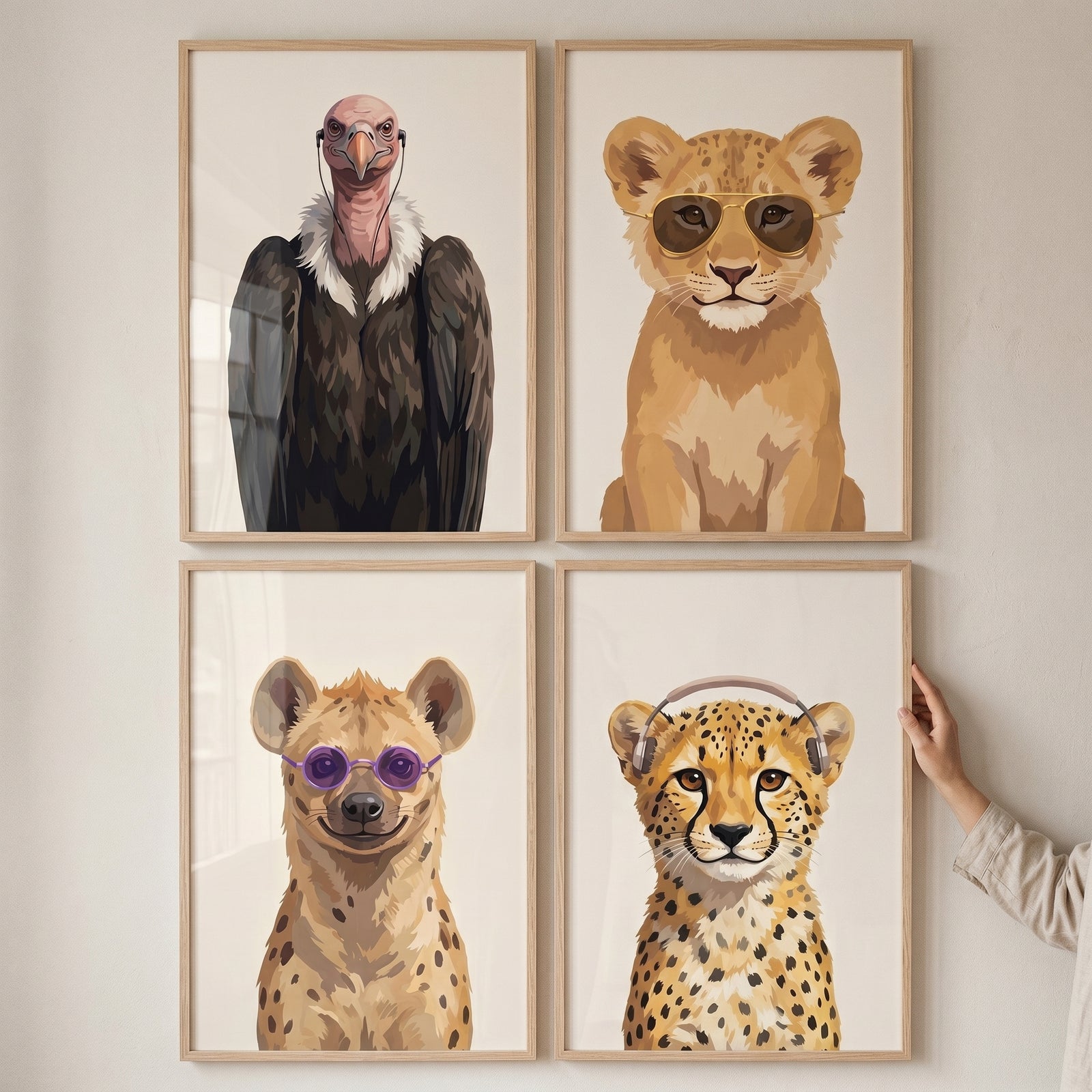 Urban style safari animals wall art set of 4 with a vulture, lion, hyena, and cheetah wearing glasses and headphones.