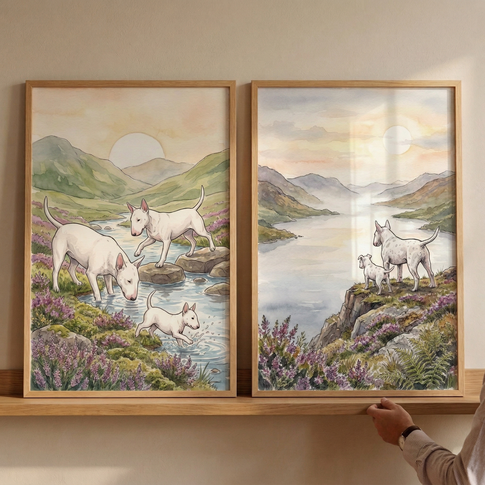 Two framed watercolor-style illustrations are displayed side-by-side on a light wooden shelf against a plain wall. The artwork depicts white, short-haired dogs with distinct oval-shaped heads exploring a scenic mountain landscape. 

