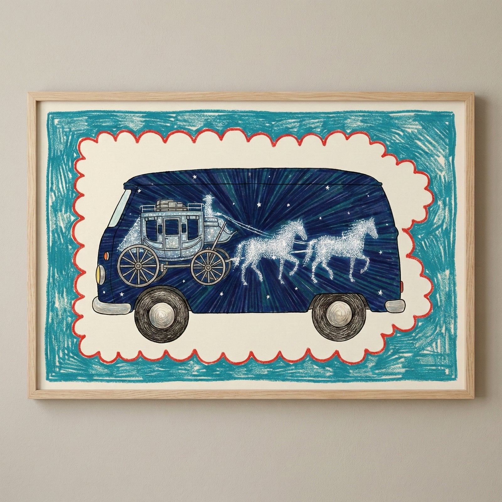 Whimsical illustration of a van with a dark blue body featuring a night sky scene of a horse-drawn carriage and stars, blending fantasy with modern design. The image is bordered with hand-drawn blue and red accents, giving it a playful, storybook style.