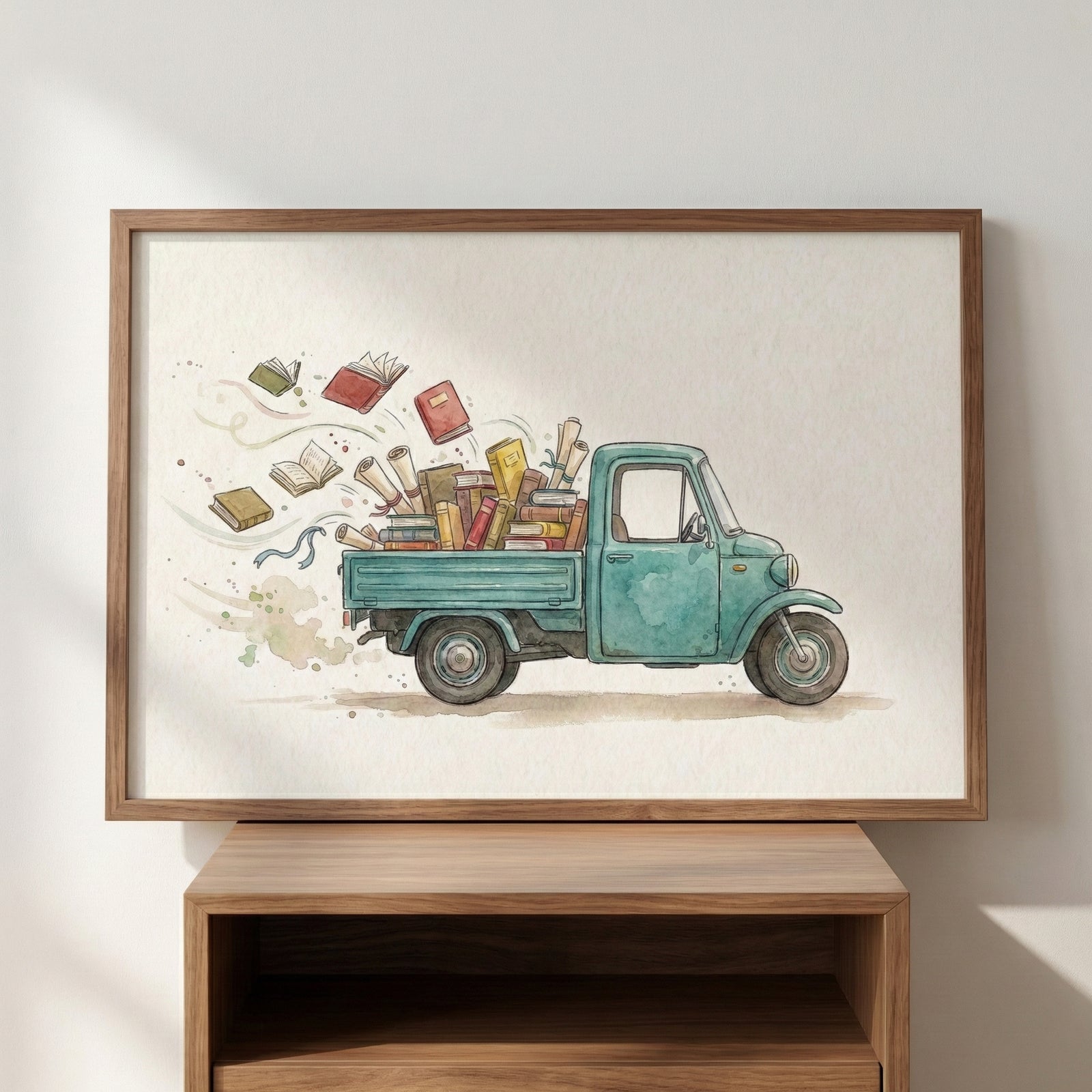 A framed watercolor painting of a teal three-wheeled vehicle filled with books, papers, and scrolls, with colorful pages flying out the back in a swirl. The artwork rests on a wooden shelf, catching soft daylight.