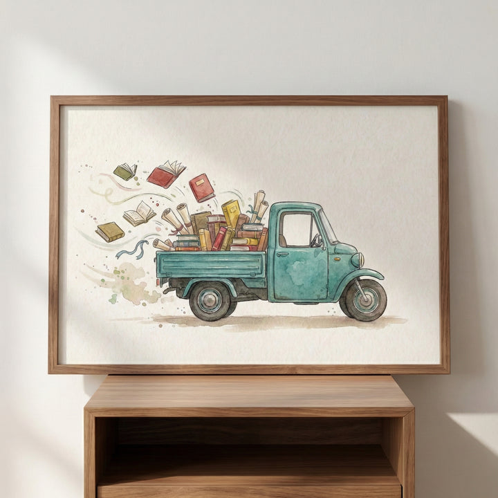 A framed watercolor painting of a teal three-wheeled vehicle filled with books, papers, and scrolls, with colorful pages flying out the back in a swirl. The artwork rests on a wooden shelf, catching soft daylight.