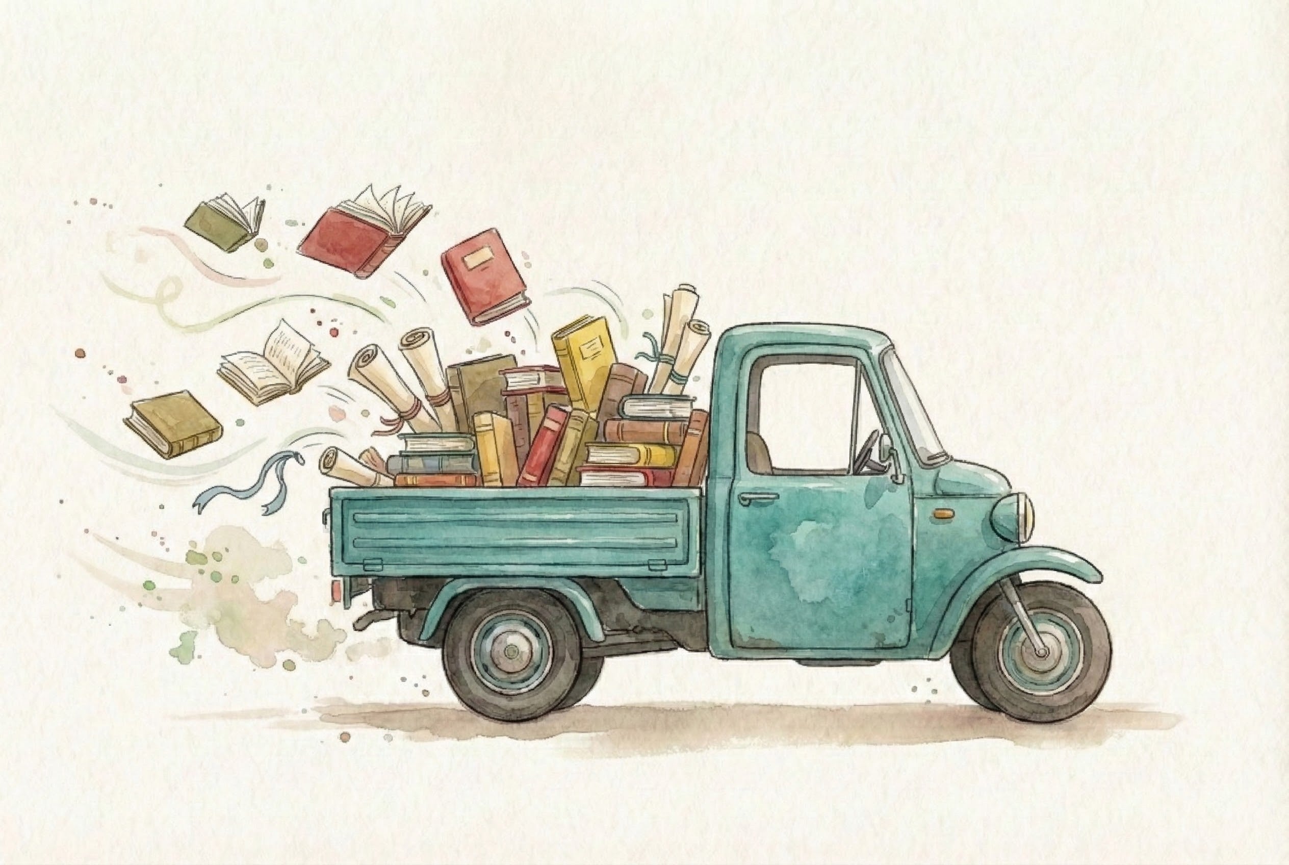 Whimsical watercolor illustration of a teal three-wheeled truck overflowing with books, scrolls, and papers. As the vehicle moves, books and pages fly out the back, creating a lively, imaginative scene filled with knowledge and creativity.