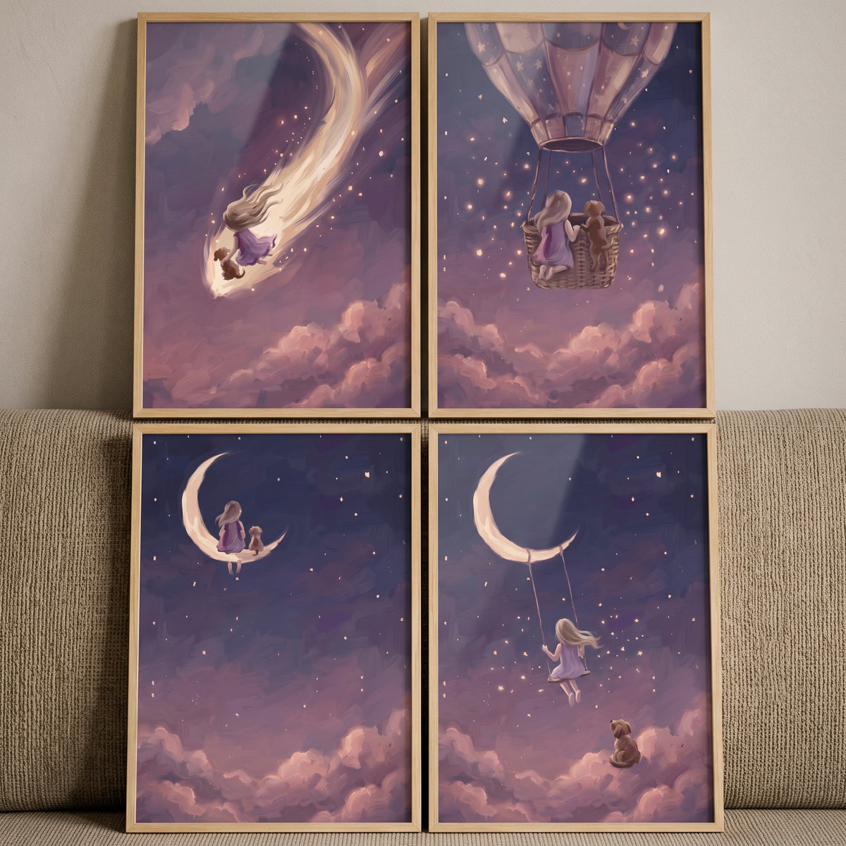 Velvet night girl dog wall art set of 4 shows a girl and dog with a crescent moon, shooting star, and hot air balloon.